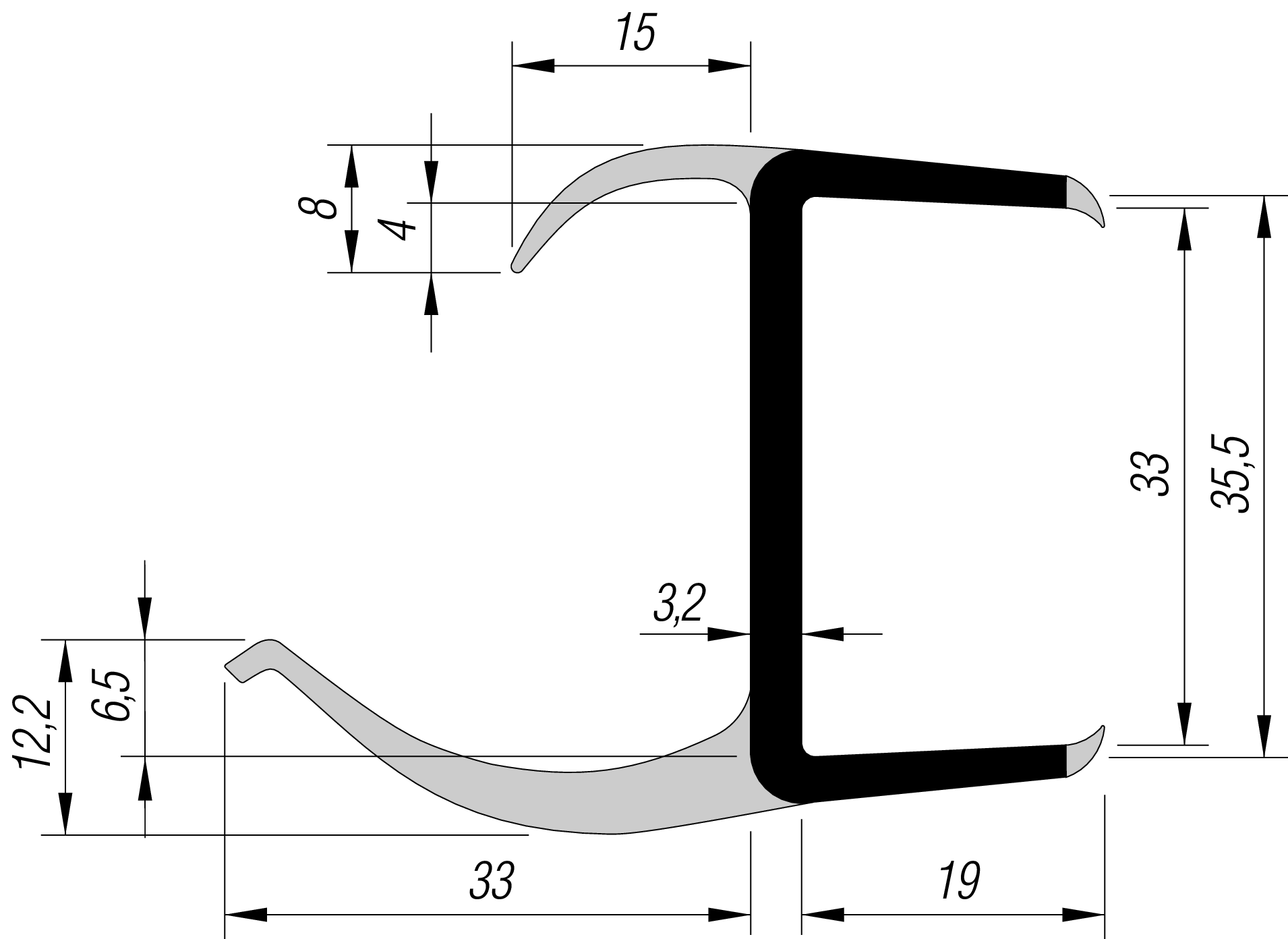 S-L-PVC-Dichtung 35/2-LI/3100 mm
