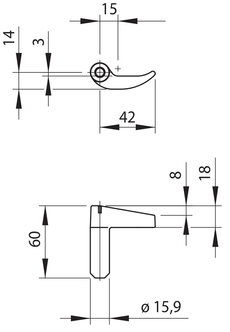 Drehhaken li.ob./re.un. 1/2" ES