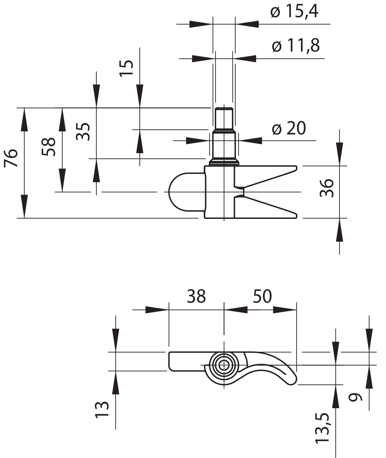 Spannzapfen re.ob./li.un. 1/2" (Ø16) ES