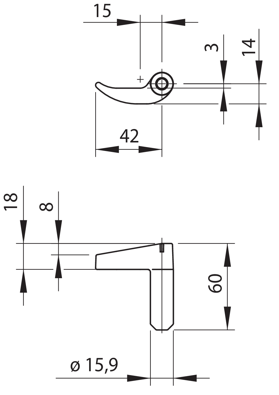 Drehhaken re.ob./li.un. 1/2" ES